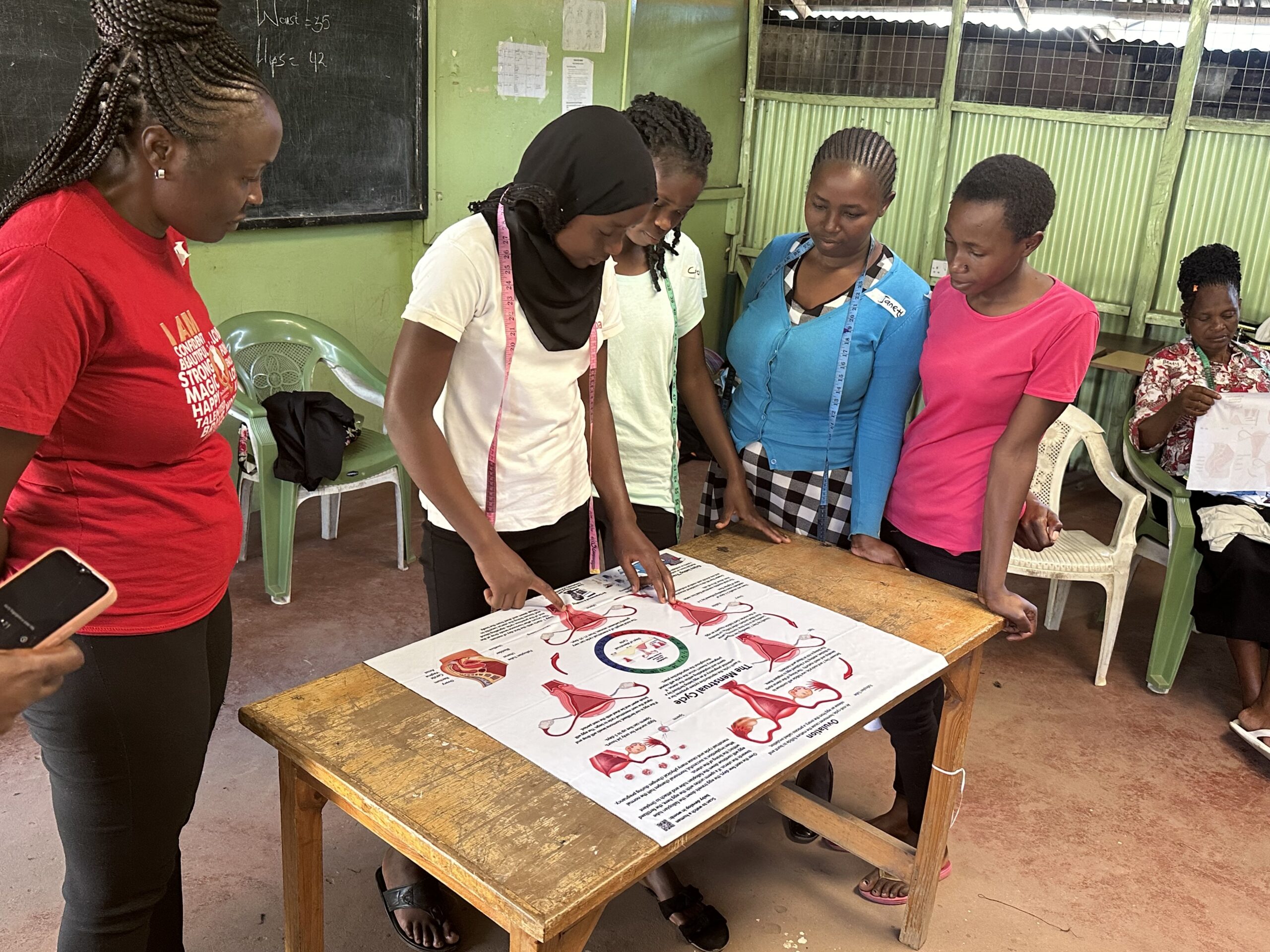 Group of women gathered around a table examining a female health training poster in a classroom.